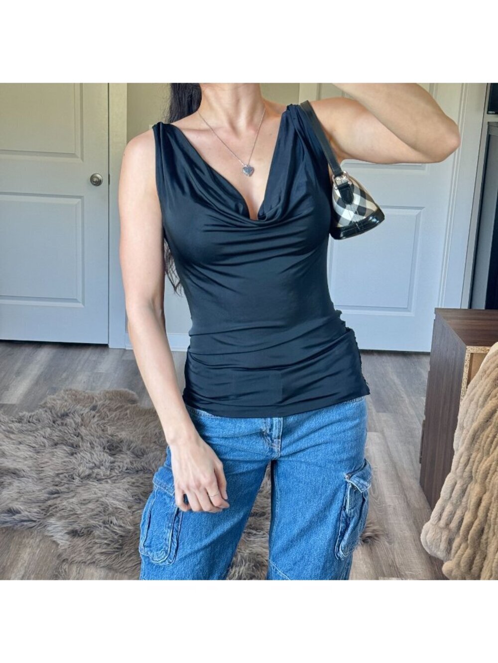 Y2K Very Sexy Victorias Secret Cowl Neck Beaded Fishnet Back Going Out Tank Top